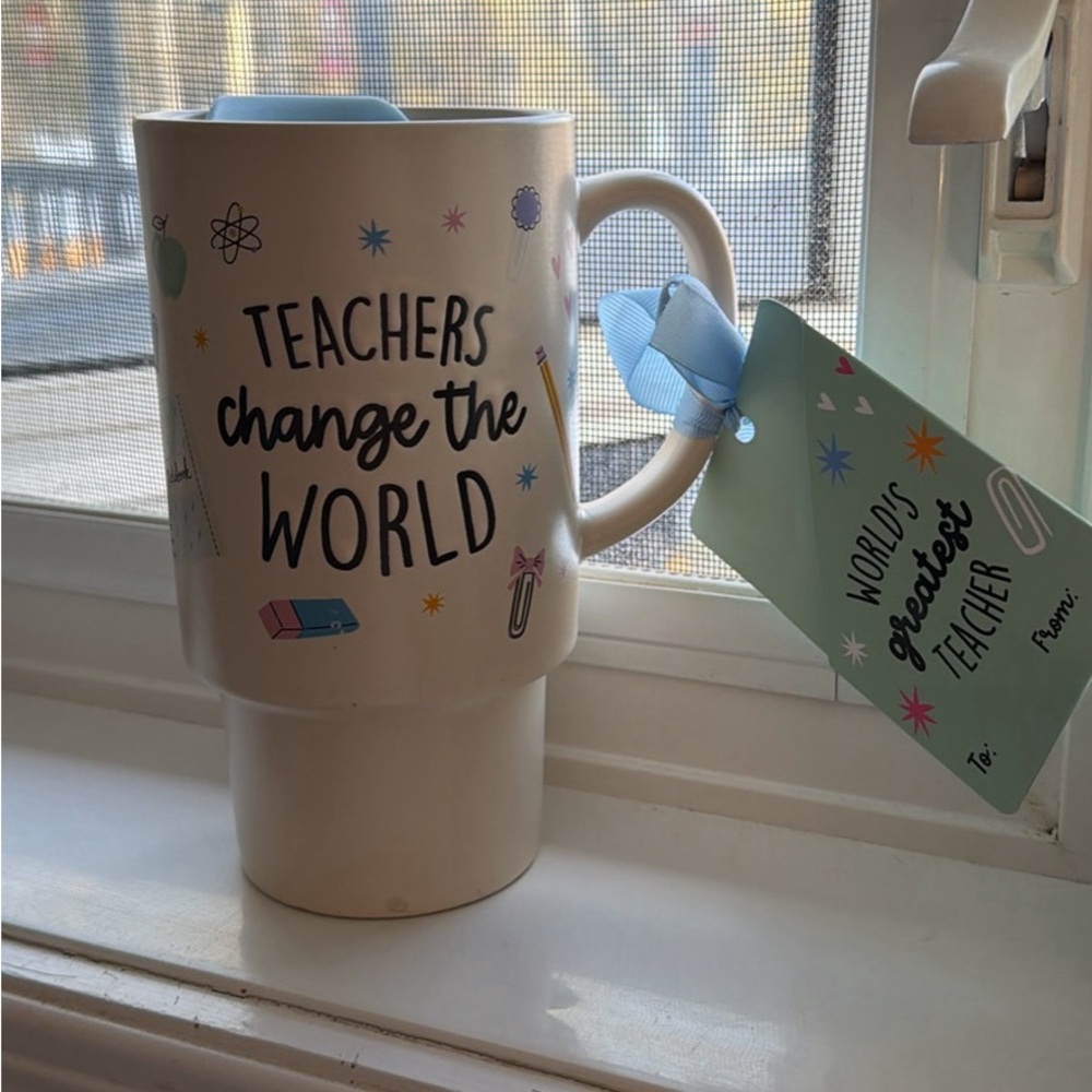 "Teachers Change the World" Ceramic Travel Mug - White with Pastel Accents